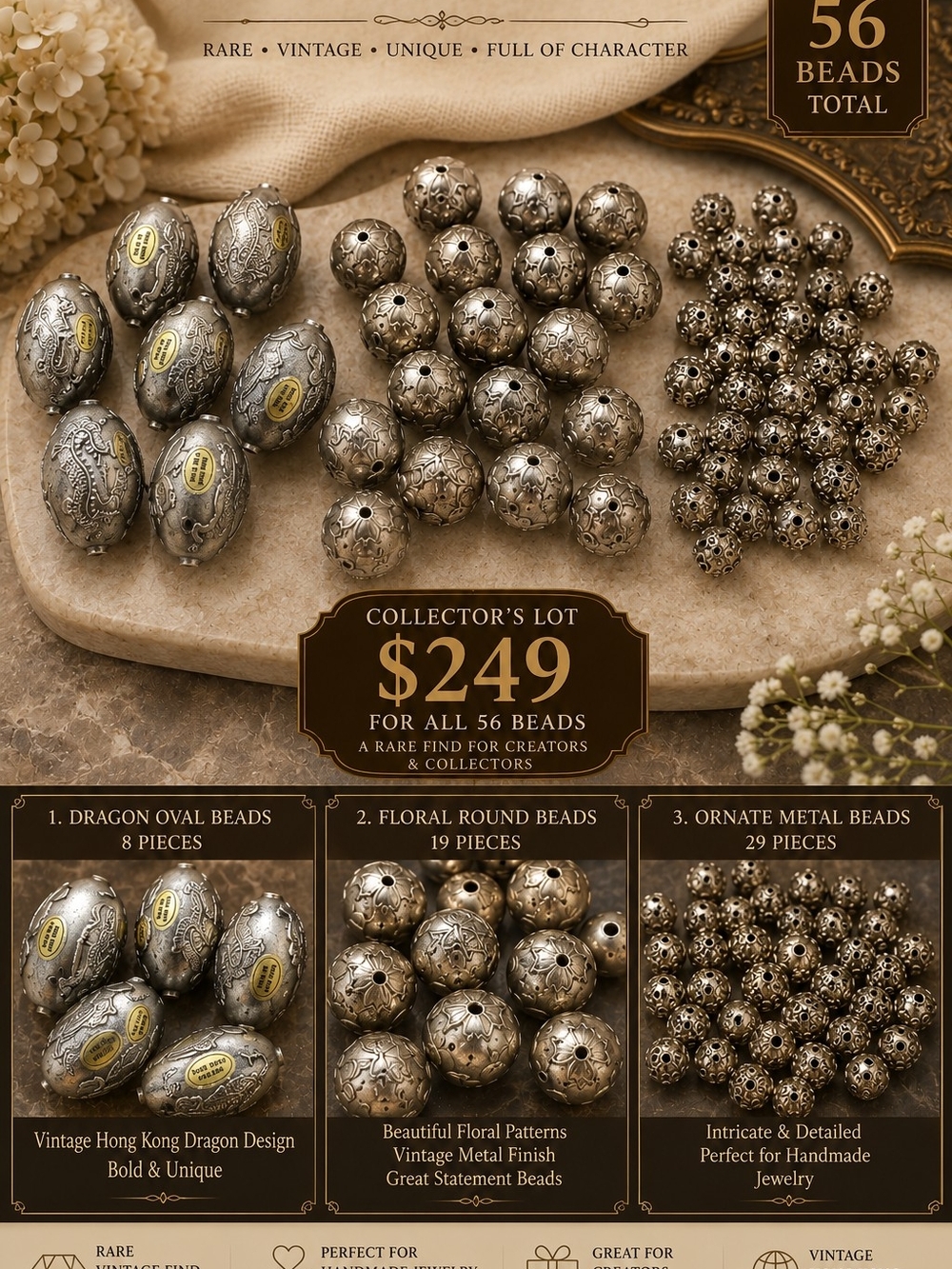 Collector's Lot of 56 Ornate Metal Beads - Antique Silver Finish
